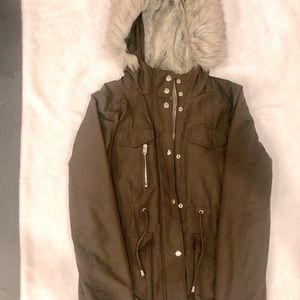 Women’s brown Top shop coat with faux fur hood